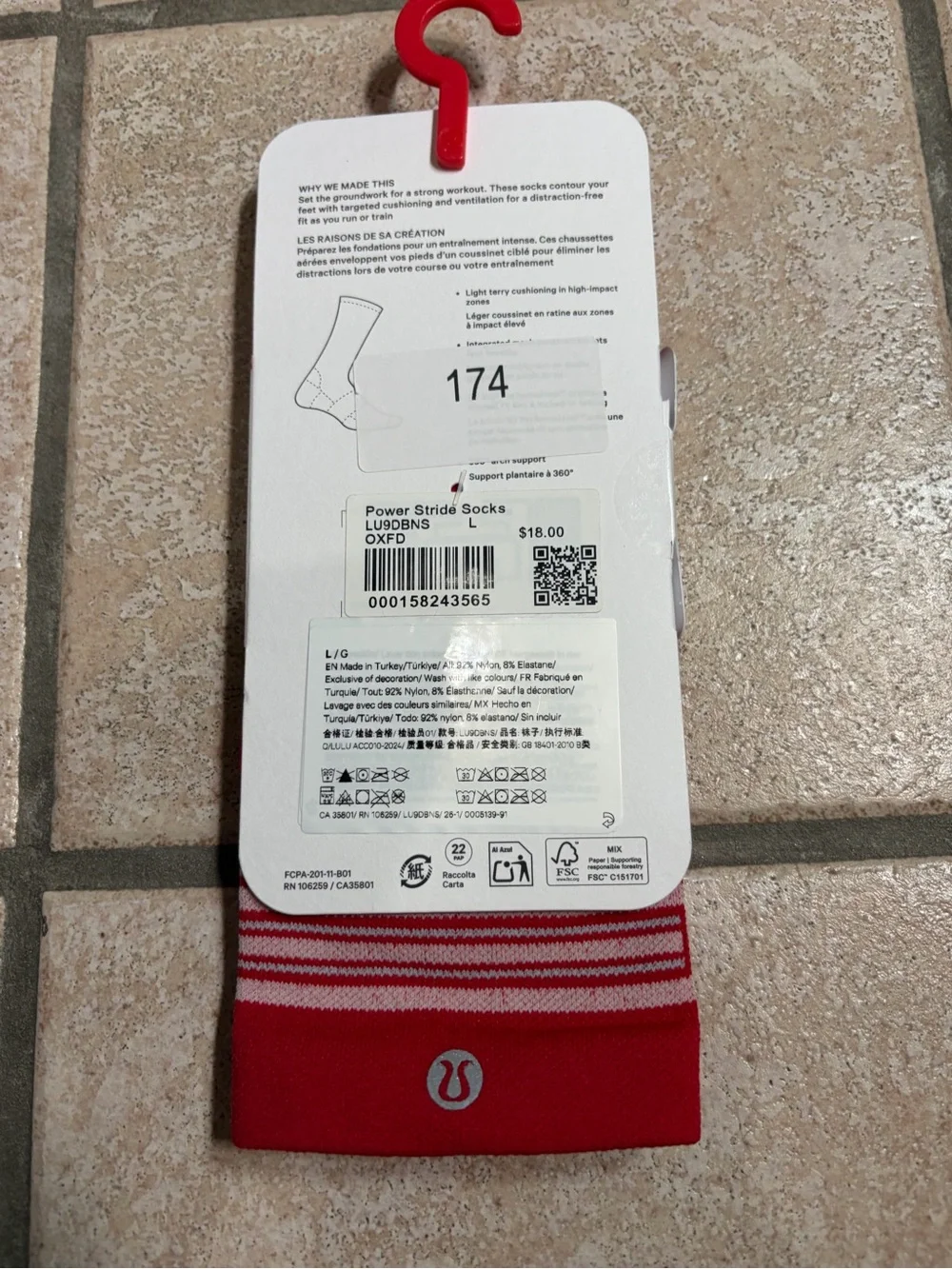 NWT Lululemon Power Stride Socks *Crew Length (Oxford Red Stripe) Size L